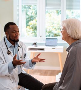 Doctor discussing wound care treatment and vascular health with an elderly patient during a medical consultation at MVS Wound Care