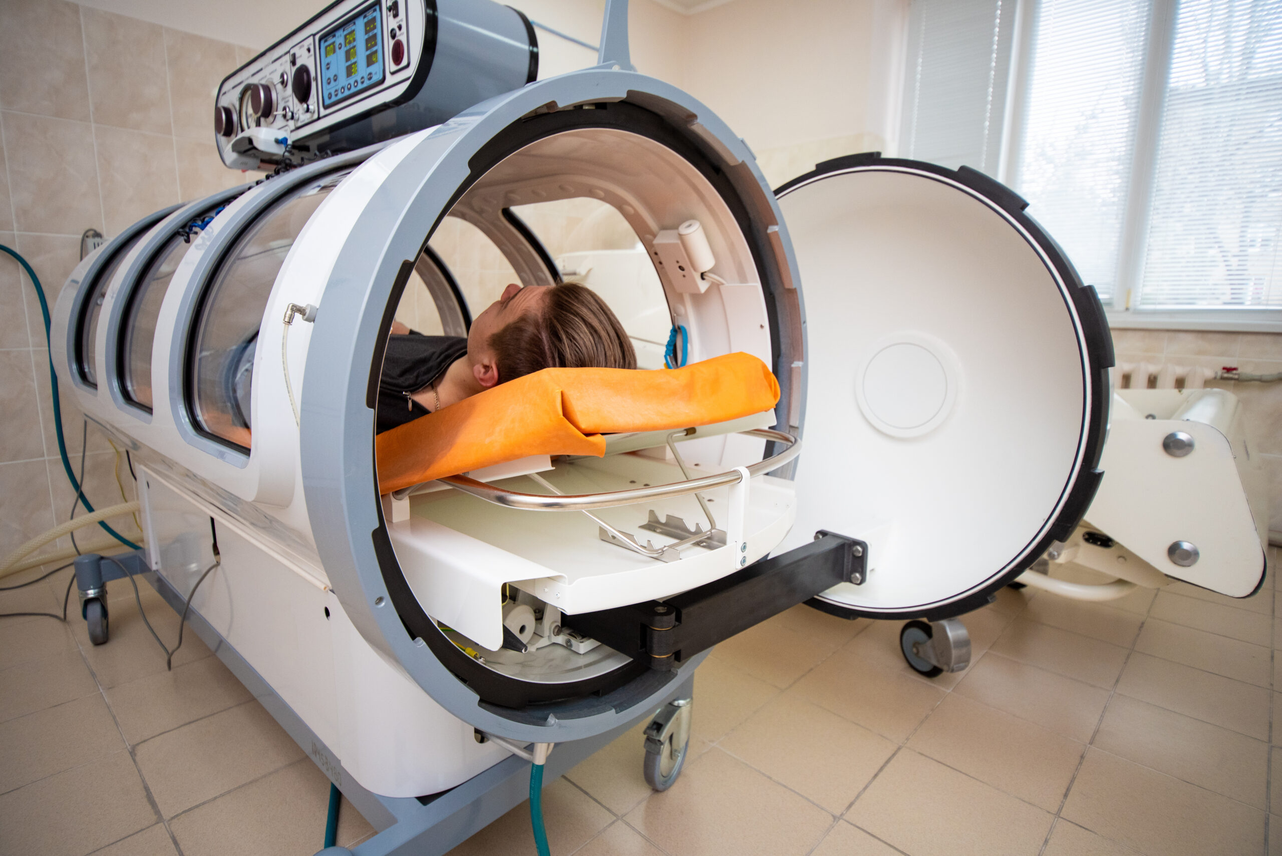 Patient receiving Hyperbaric Oxygen Therapy (HBOT) treatment for chronic wound healing and improved circulation at MVS Wound Care & Hyperbaric Medicine
